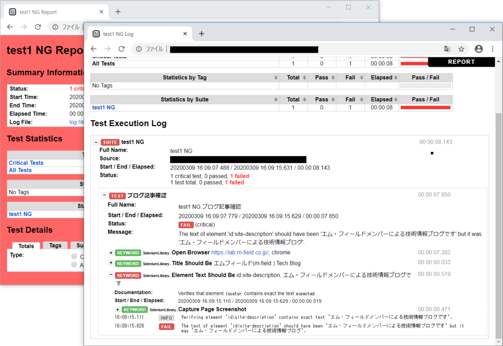 Robot Frameworkのレポートとログファイル