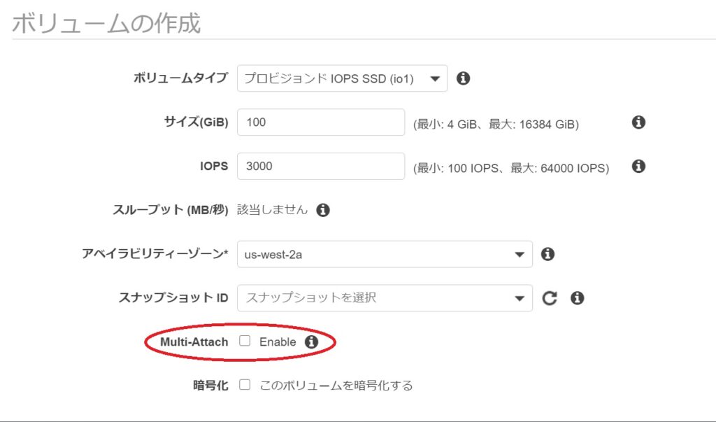 EBSボリューム作成画面(プロビジョンドIOPS SSD)